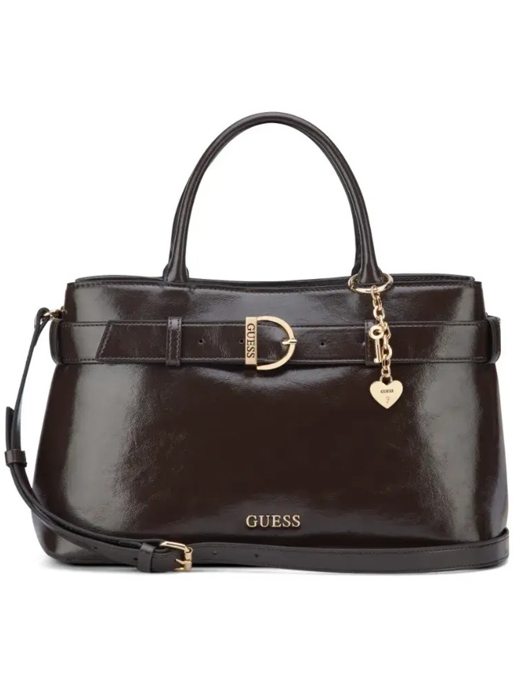 GUESS Dark Brown Patent Satchel with Gold Accents